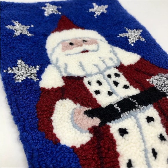 Vintage Punch Needle Christmas Stocking Santa Claus Silver Stars Blue Back 18” - Picture 3 of 5